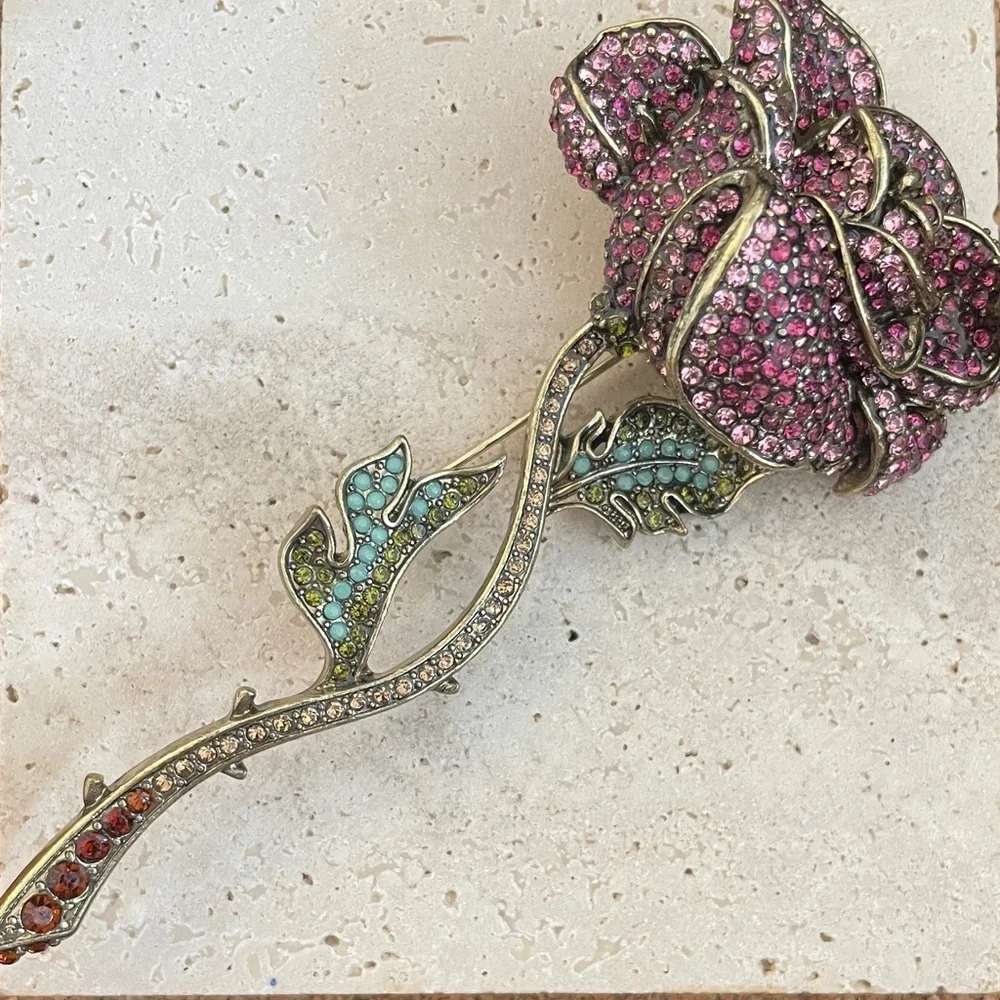 Heidi Daus Pink and Green Rose Brooch